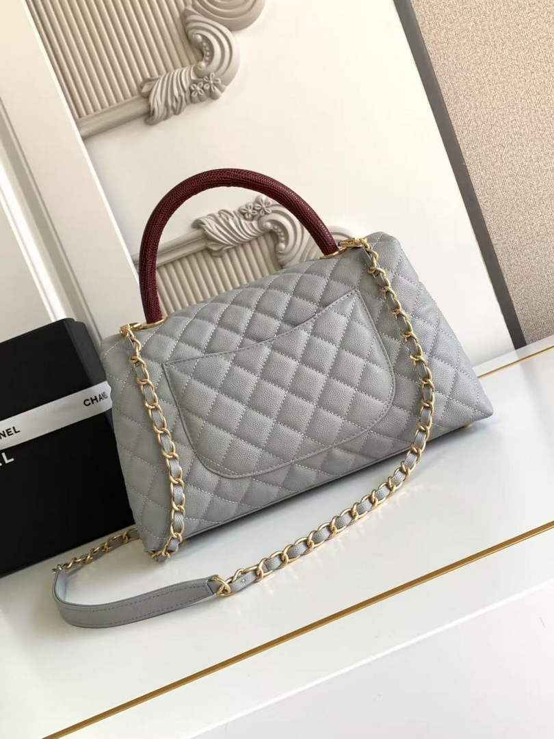 Chanel Large Flap bag with top handle A92991, Gray Red calfskin