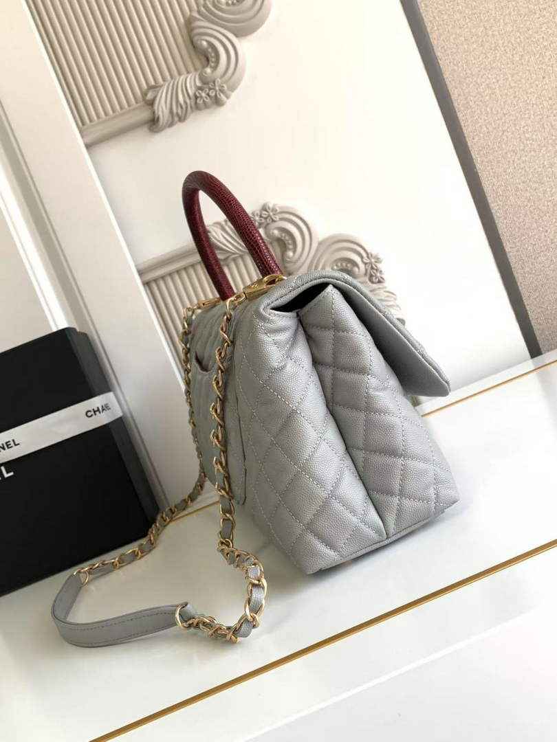 Chanel Large Flap bag with top handle A92991, Gray Red calfskin