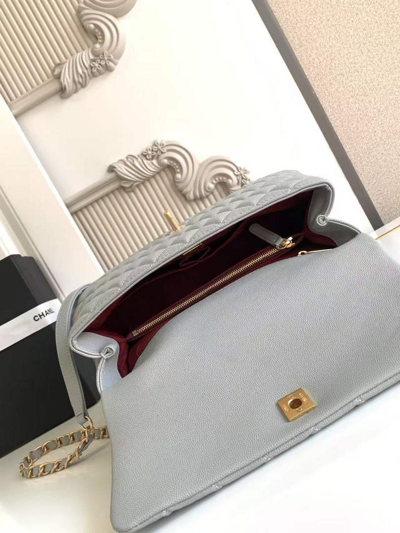 Chanel Large Flap bag with top handle A92991, Gray Red calfskin