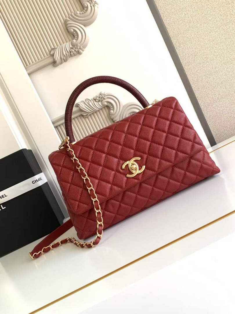 Chanel Large Flap bag with top handle A92991, Red calfskin