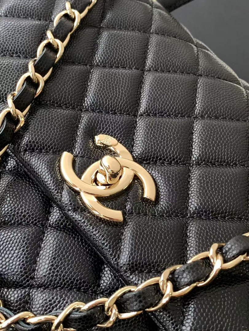 Chanel Large Flap bag with top handle A92991, Black calfskin gold