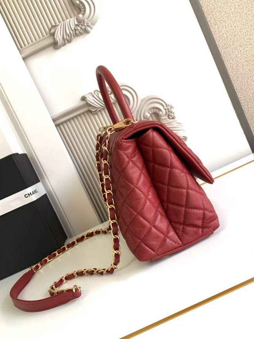 Chanel Large Flap bag with top handle A92991, Red calfskin Gold