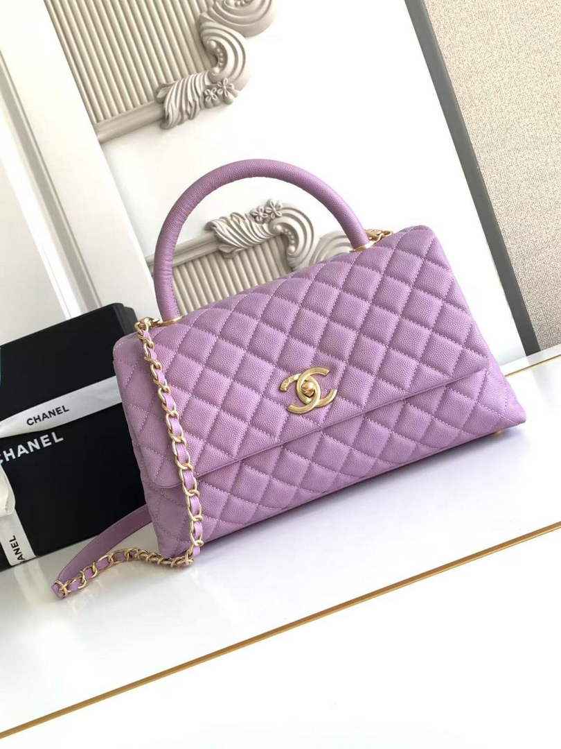 Chanel Large Flap bag with top handle A92991, Purple calfskin