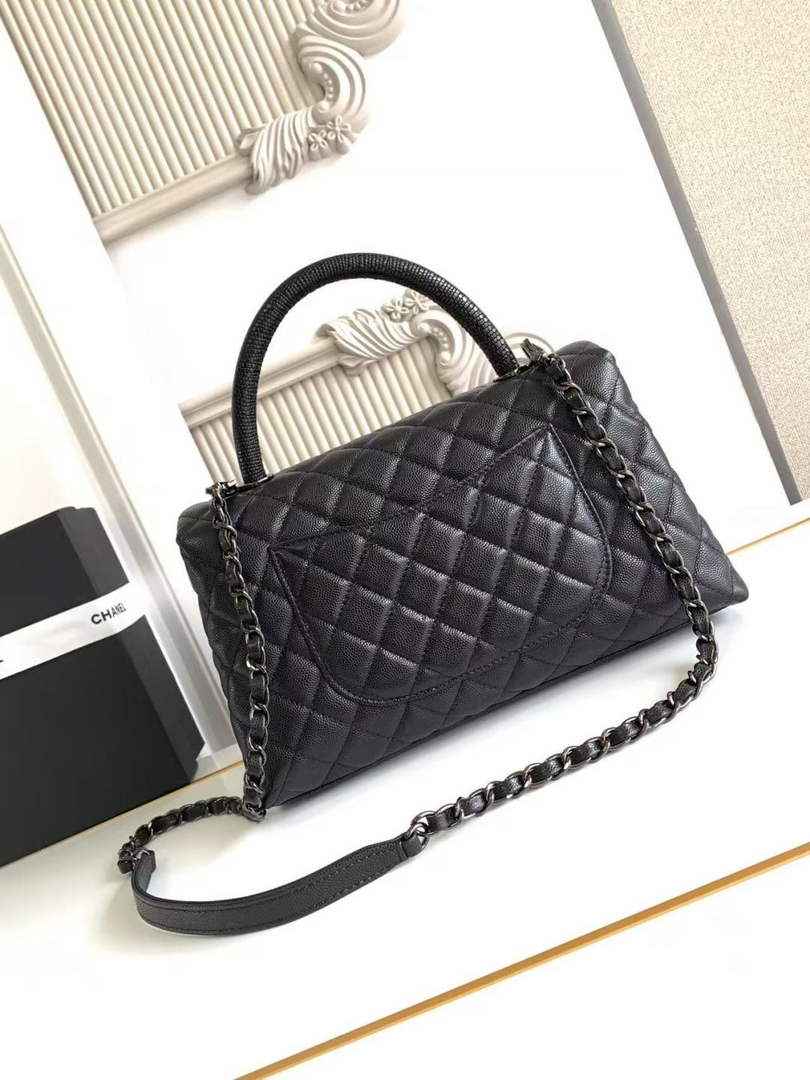Chanel Large Flap bag with top handle A92991, Black calfskin