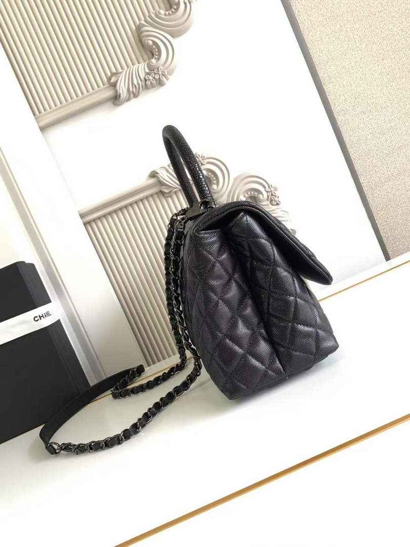 Chanel Large Flap bag with top handle A92991, Black calfskin