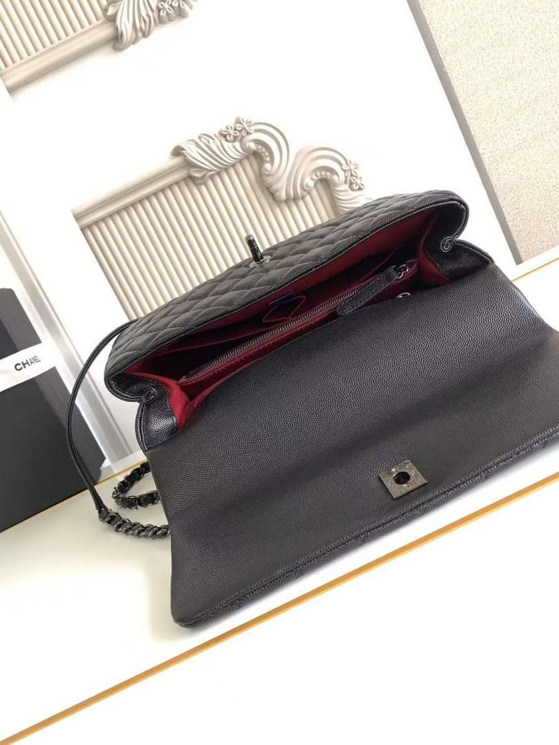 Chanel Large Flap bag with top handle A92991, Black calfskin
