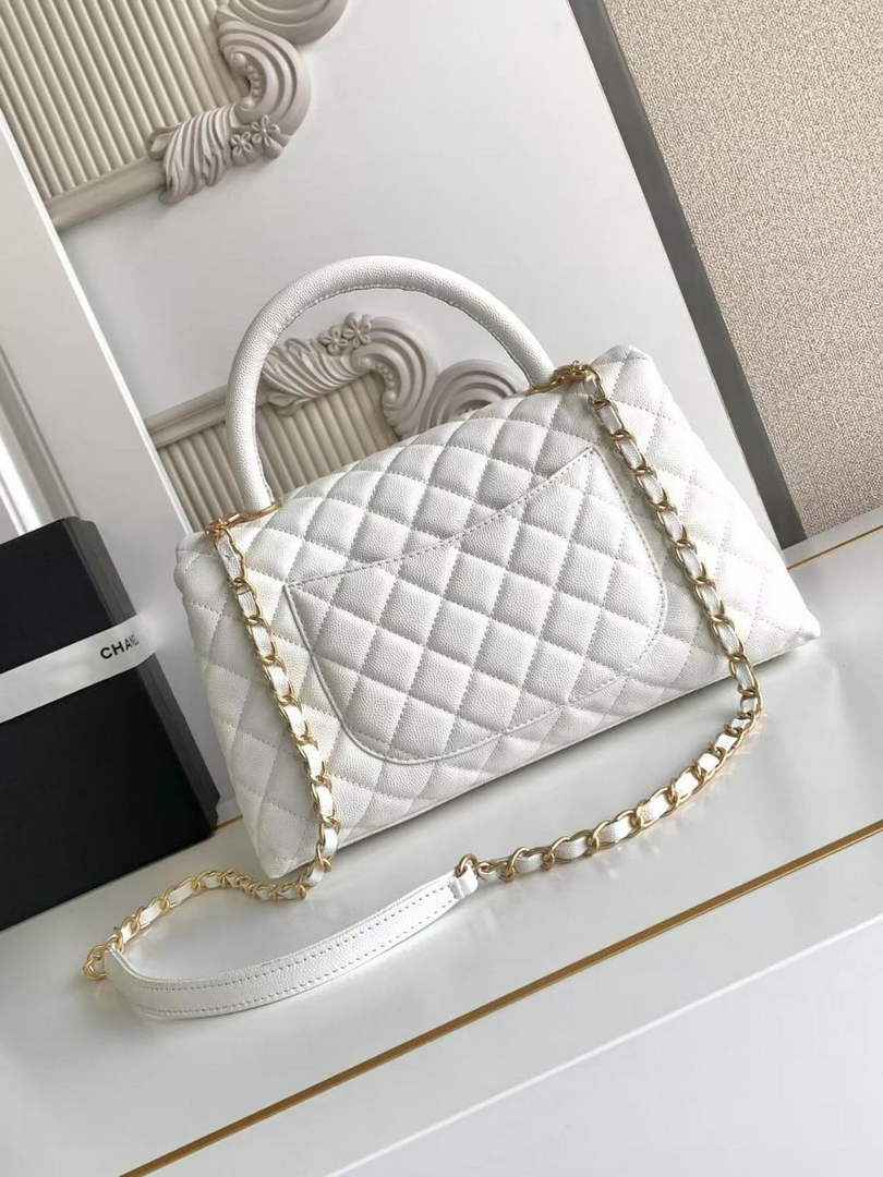 Chanel Large Flap bag with top handle A92991, White calfskin