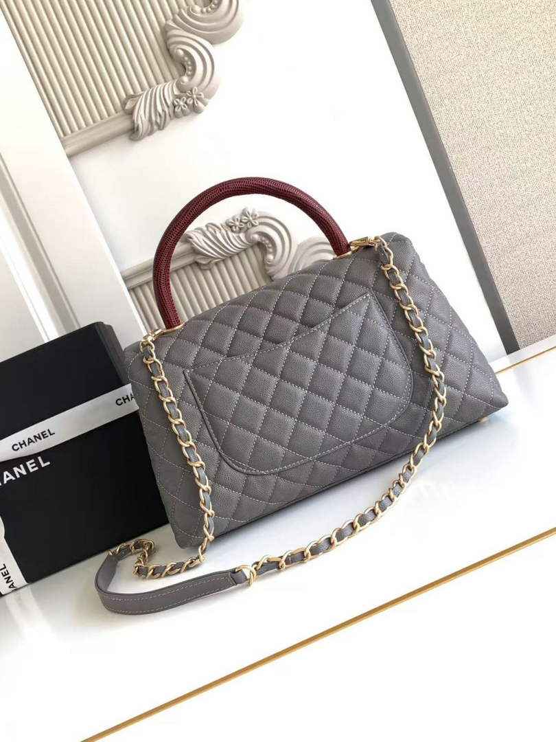 Chanel Large Flap bag with top handle A92991, Dark Gray Red calfskin
