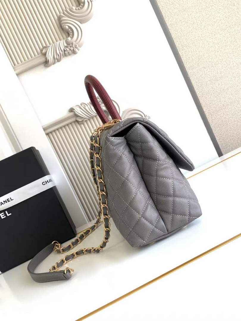 Chanel Large Flap bag with top handle A92991, Dark Gray Red calfskin