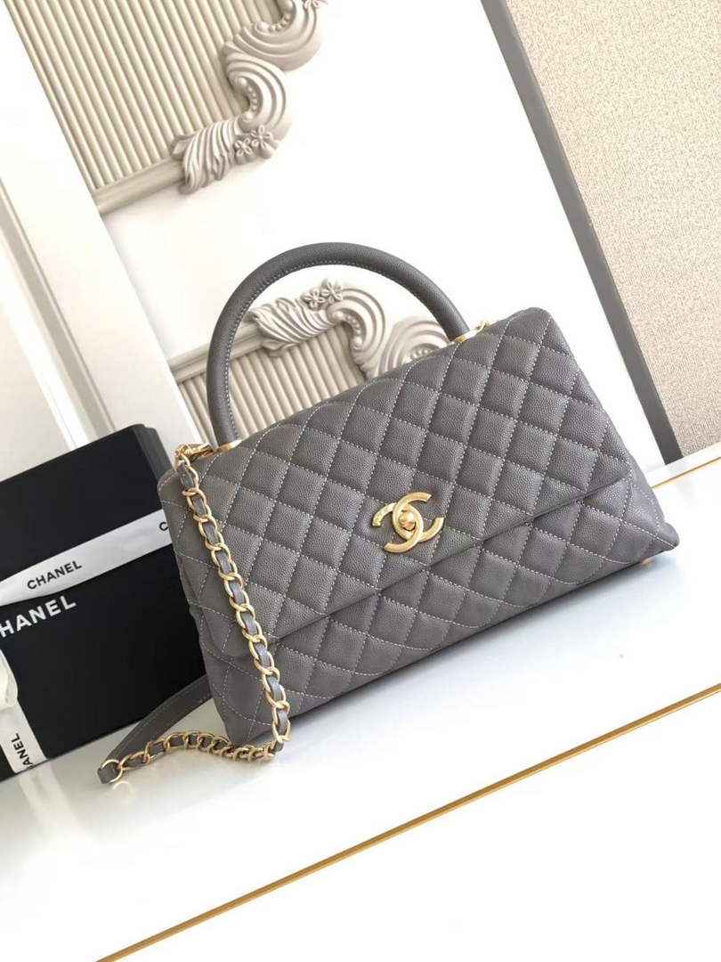 Chanel Large Flap bag with top handle A92991, Dark Gray calfskin