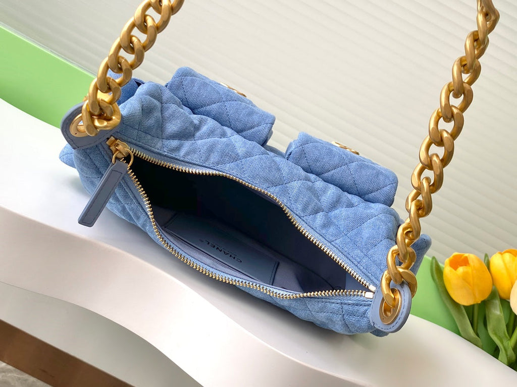 Chanel large hobo bag, Washed denim AS5339 blue