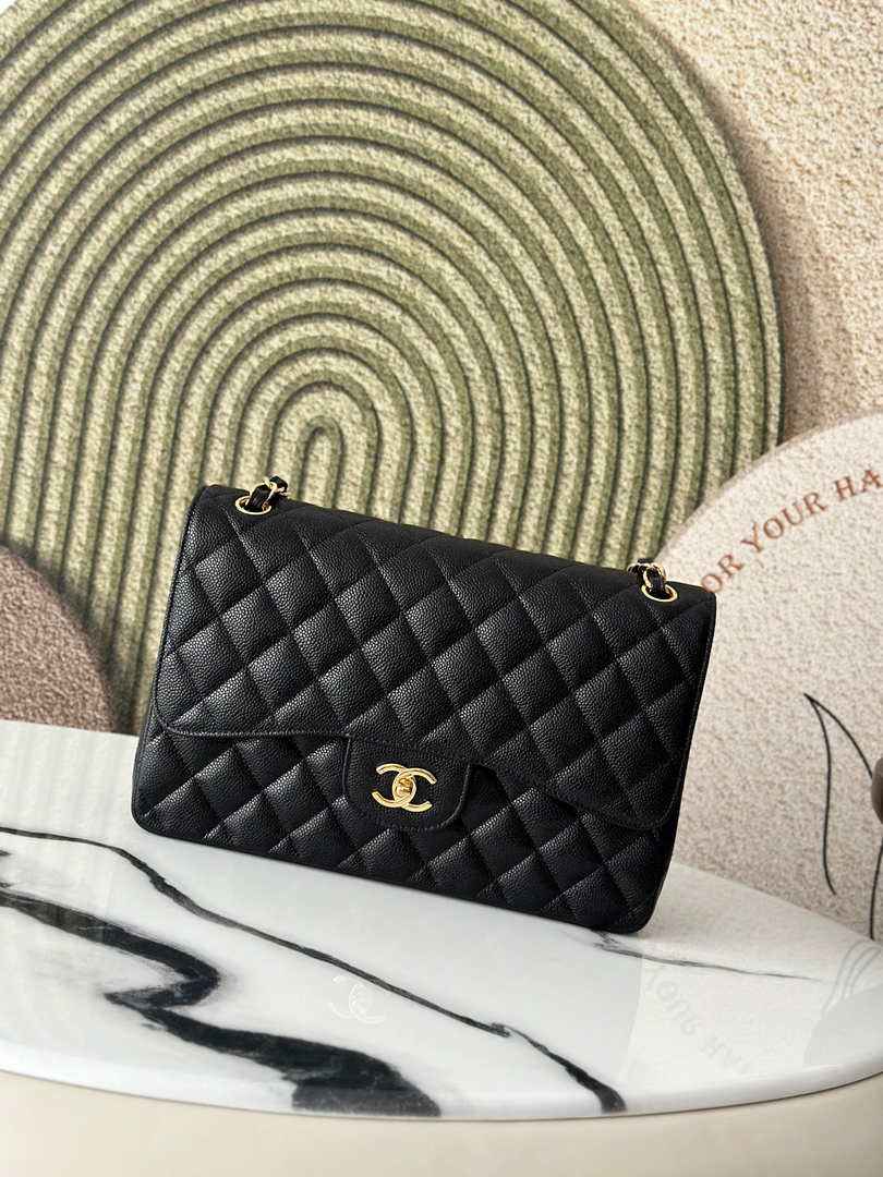 Chanel Large classic handbag, Grained Calfskin A58600 black gold