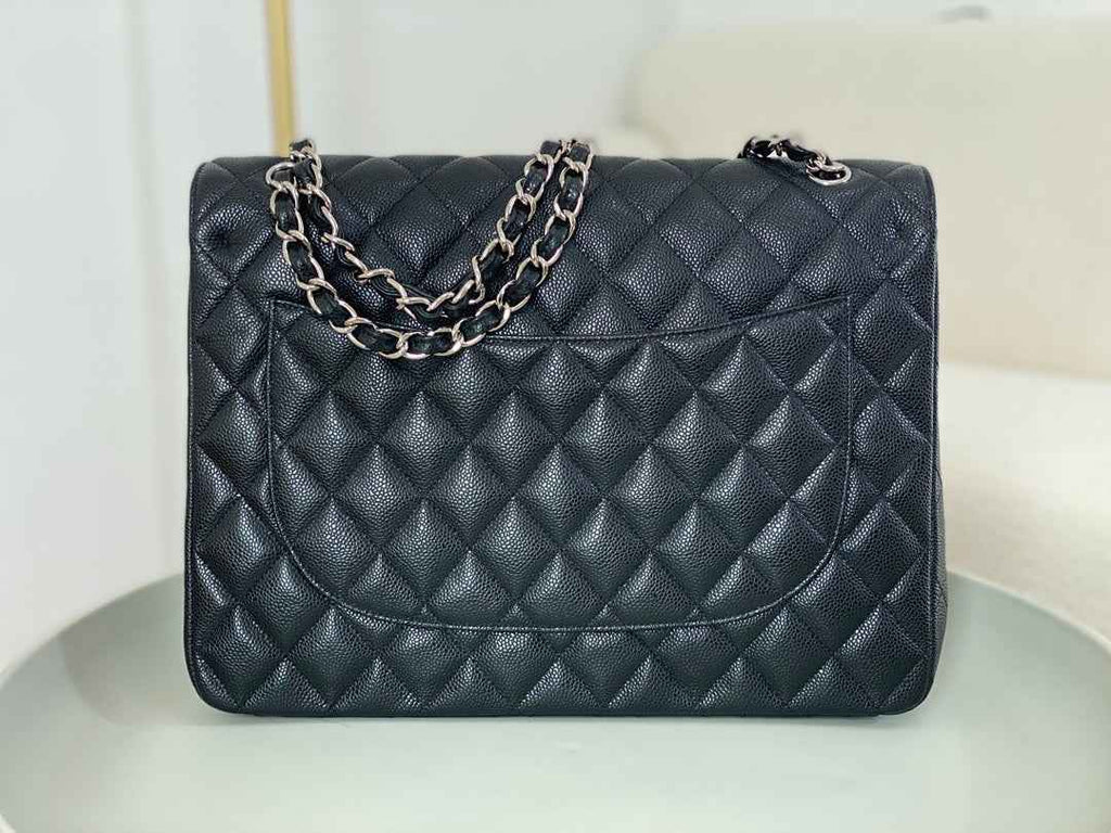 Chanel Maxi classic handbag, Grained calfskin A58601 Black Silver