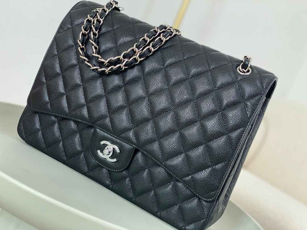 Chanel Maxi classic handbag, Grained calfskin A58601 Black Silver