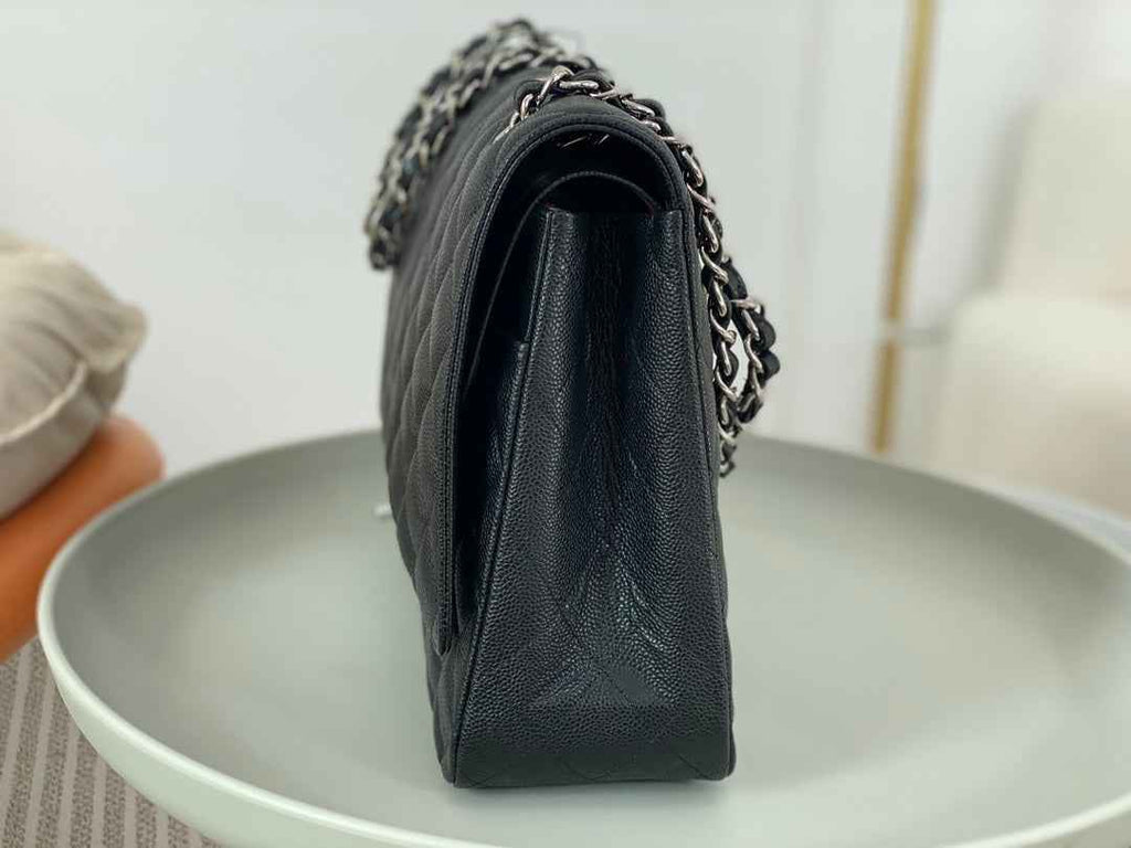 Chanel Maxi classic handbag, Grained calfskin A58601 Black Silver