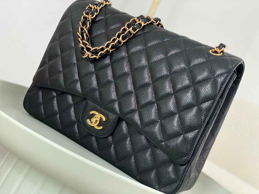 Chanel Maxi classic handbag, Grained calfskin A58601 Black Gold