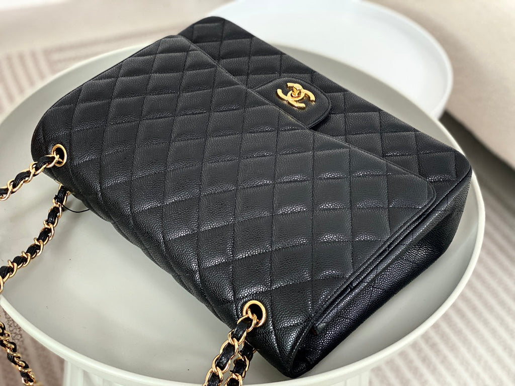 Chanel Maxi classic handbag, Grained calfskin A58601 Black Gold