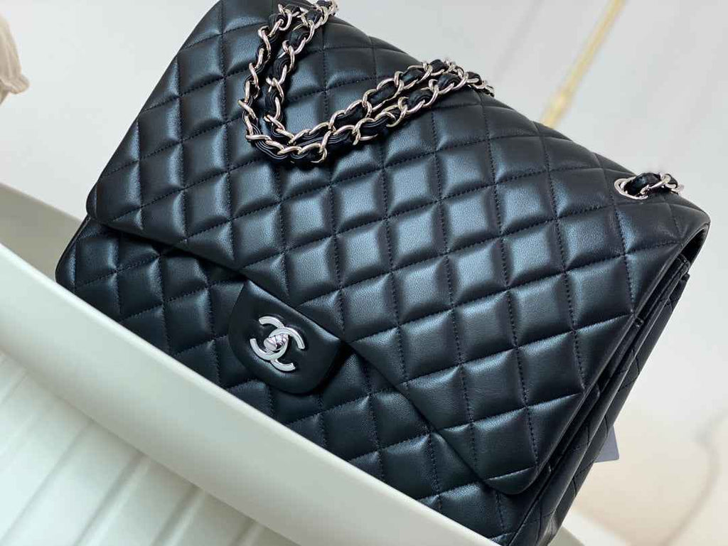 Chanel Maxi classic handbag, Lambskin A58601 Black Silver