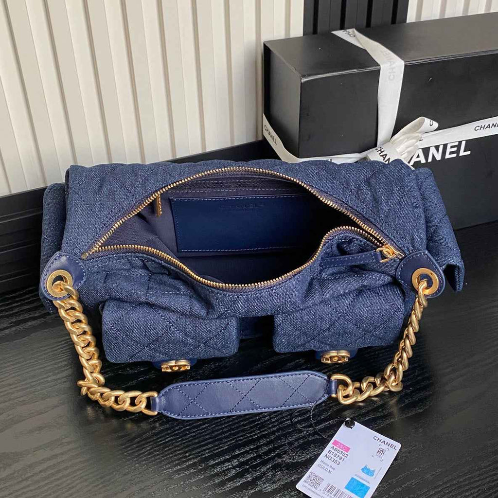 Chanel maxi hobo bag, Washed denim AS5302 dark blue