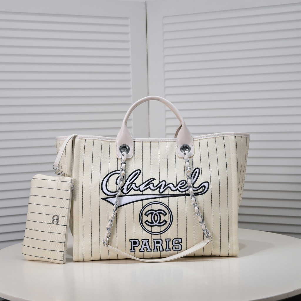 Chanel Maxi Shopping Bag A93786 Cotton Calfskin White