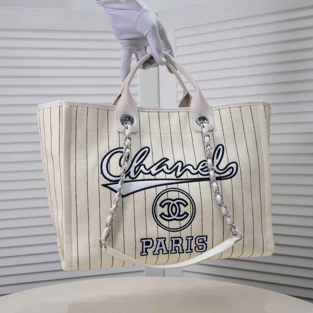 Chanel Maxi Shopping Bag A93786 Cotton Calfskin White