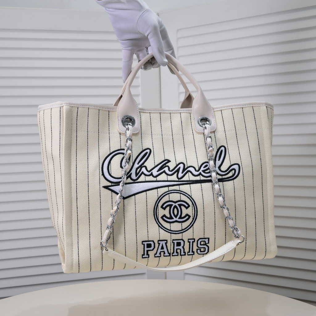 Chanel Maxi Shopping Bag A93786 Cotton Calfskin White