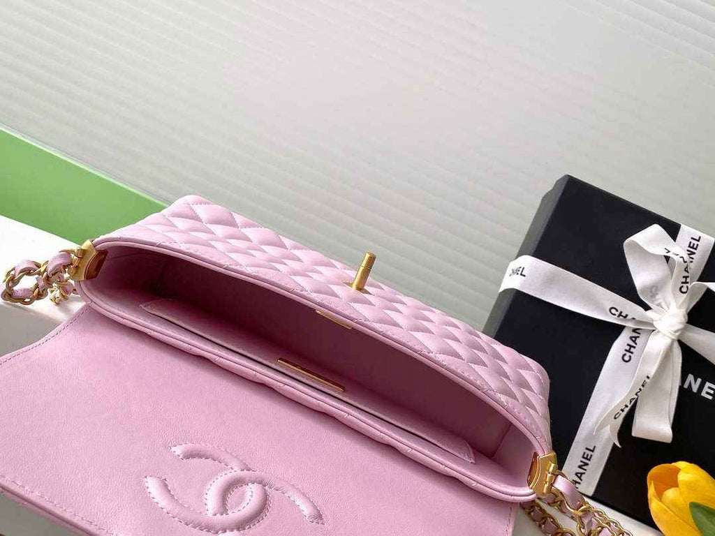 Chanel Medium flap bag with top handle, AS5356, Pink lambskin