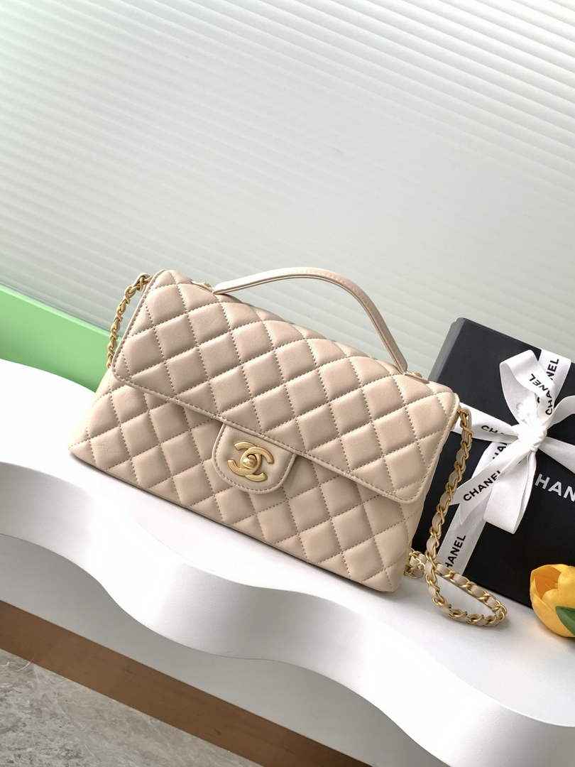 Chanel Medium flap bag with top handle, AS5356, Apricot lambskin