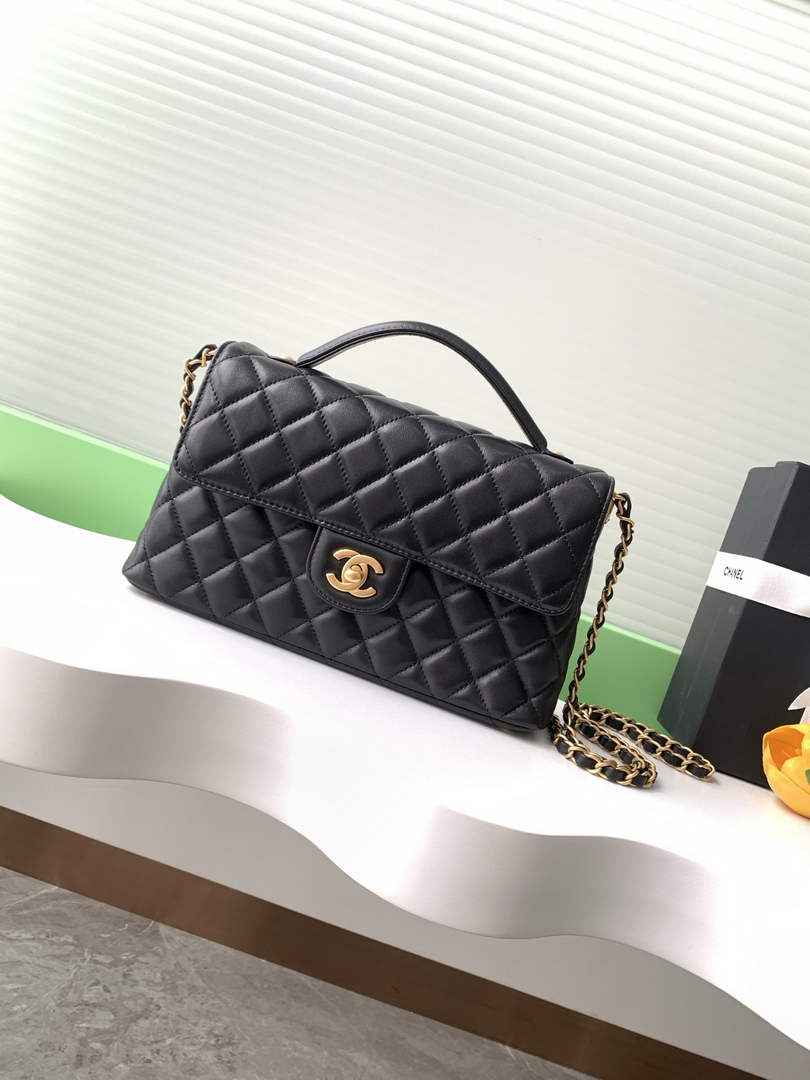 Chanel Medium flap bag with top handle, AS5356, Black lambskin