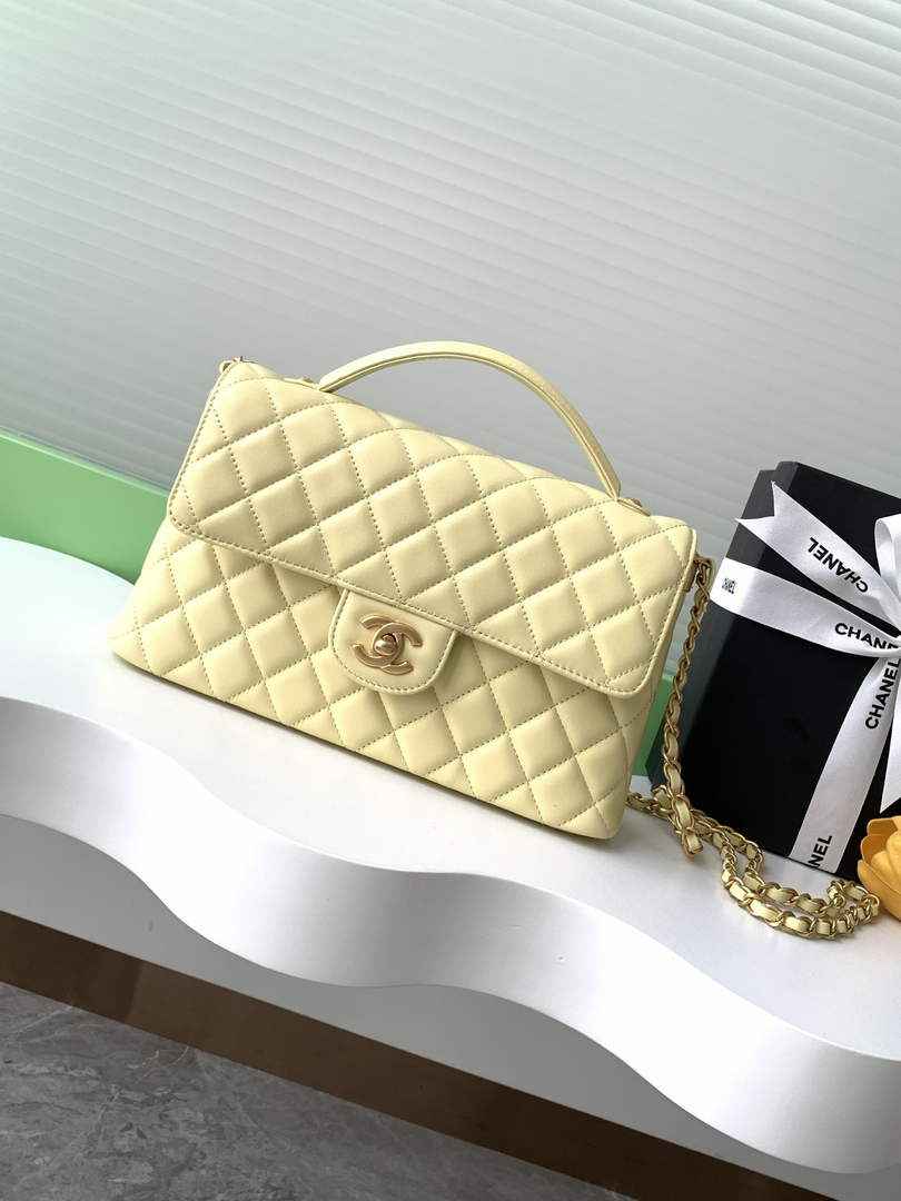 Chanel Medium flap bag with top handle, AS5356, Yellow lambskin