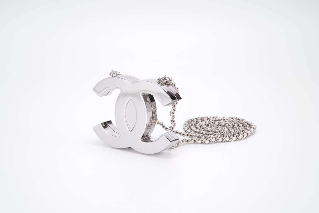 Chanel MICRO BAG Pendant Crossbody Long Necklace Silver
