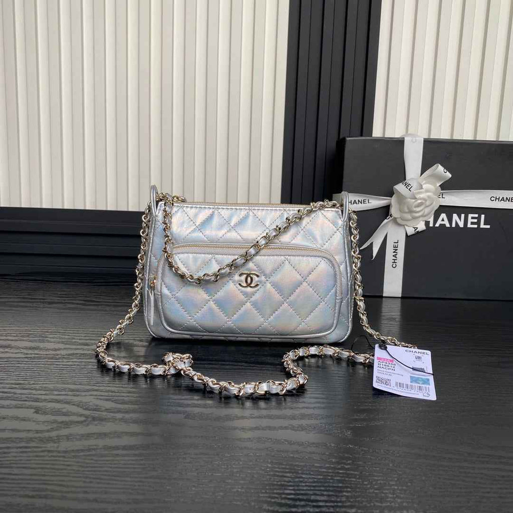 Chanel mini camera case, Shiny lambskin AP4378 silver