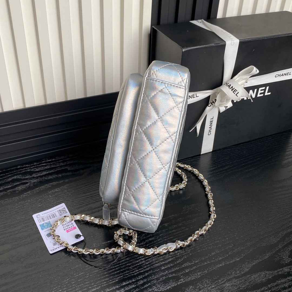 Chanel mini camera case, Shiny lambskin AP4378 silver