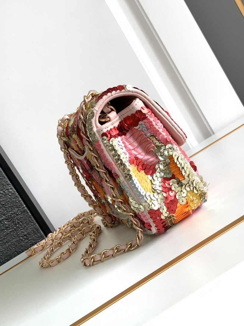 Chanel Mini Flap Bag A69900 Pink Sequinsl Gold-Tone Metal