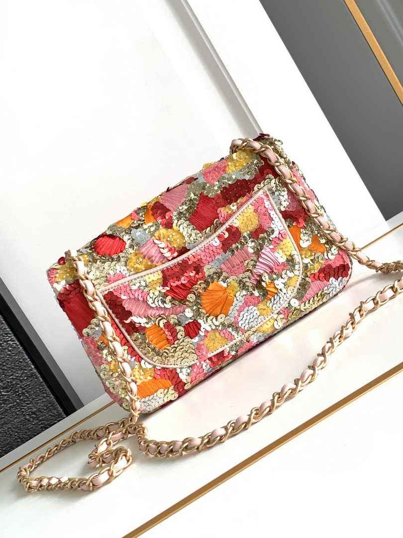 Chanel Mini Flap Bag A69900 Pink Sequinsl Gold-Tone Metal