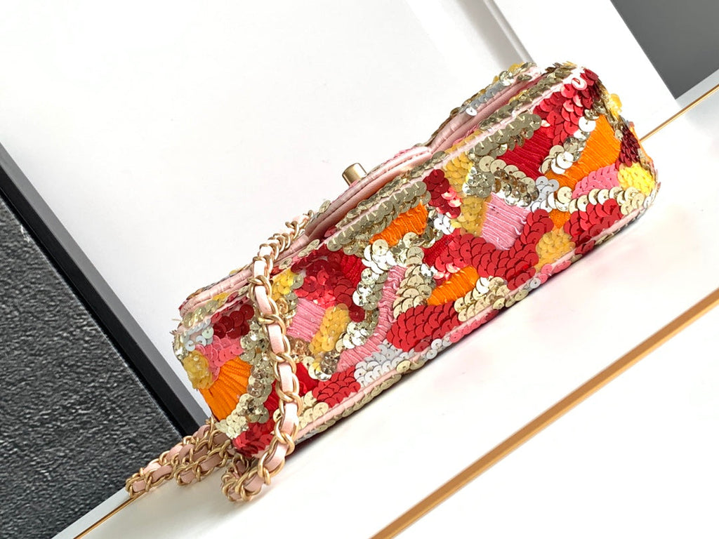 Chanel Mini Flap Bag A69900 Pink Sequinsl Gold-Tone Metal