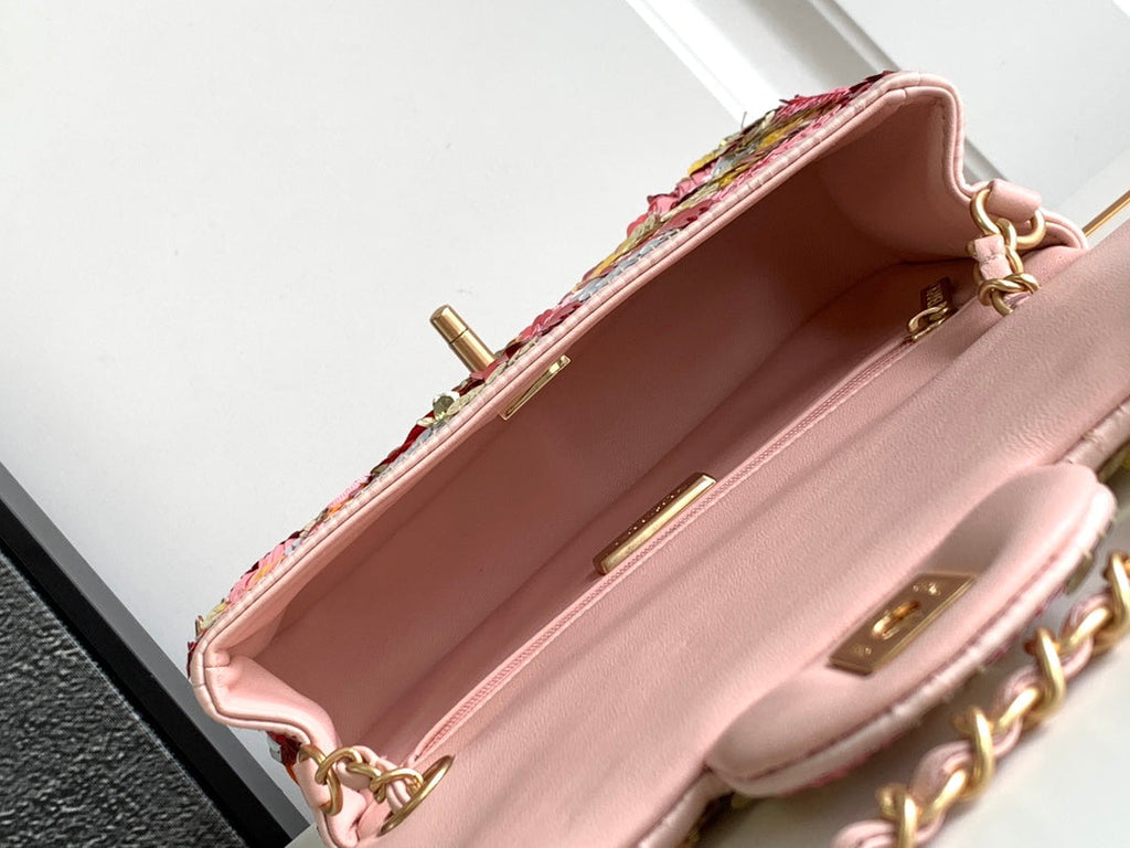 Chanel Mini Flap Bag A69900 Pink Sequinsl Gold-Tone Metal