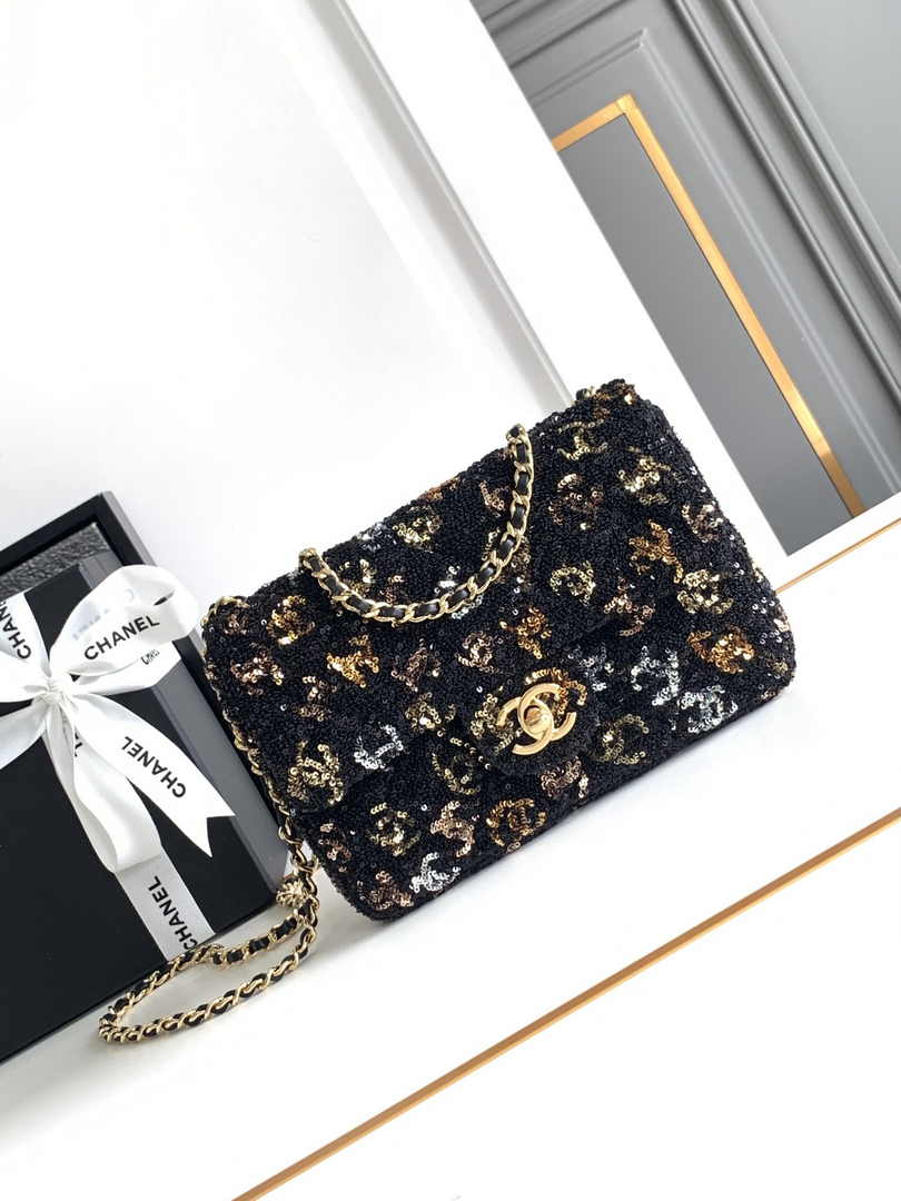 Chanel Mini Classic Handbag A69900 Black Sequinsl Gold-Tone Metal