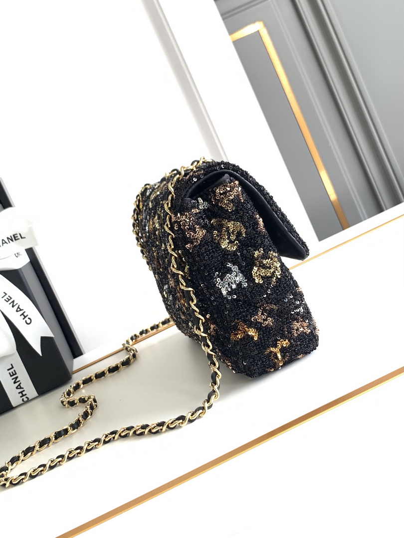 Chanel Mini Classic Handbag A69900 Black Sequinsl Gold-Tone Metal