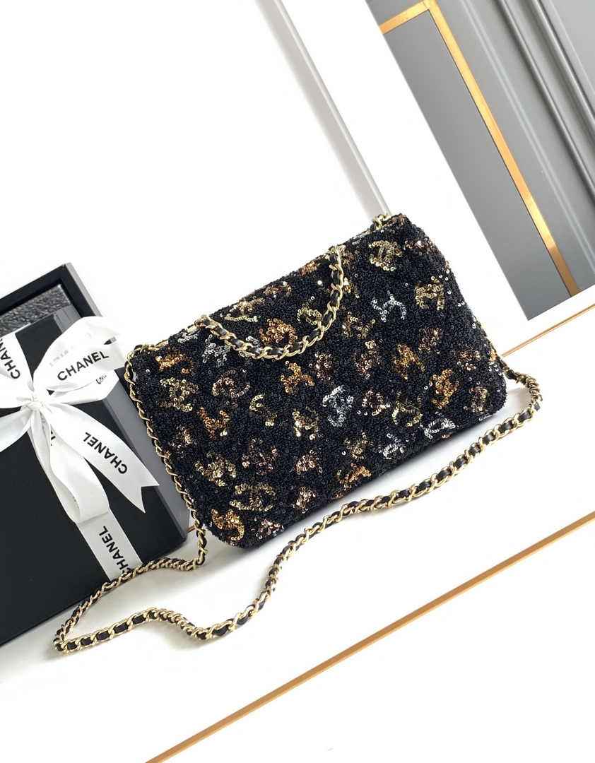 Chanel Mini Classic Handbag A69900 Black Sequinsl Gold-Tone Metal