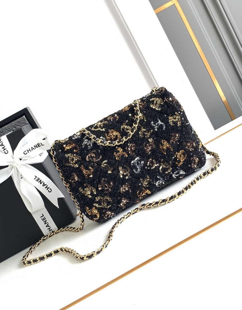 Chanel Mini Classic Handbag A69900 Black Sequinsl Gold-Tone Metal