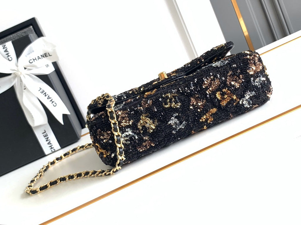Chanel Mini Classic Handbag A69900 Black Sequinsl Gold-Tone Metal