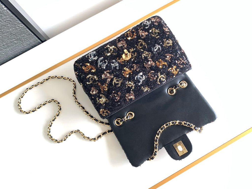 Chanel Mini Classic Handbag A69900 Black Sequinsl Gold-Tone Metal