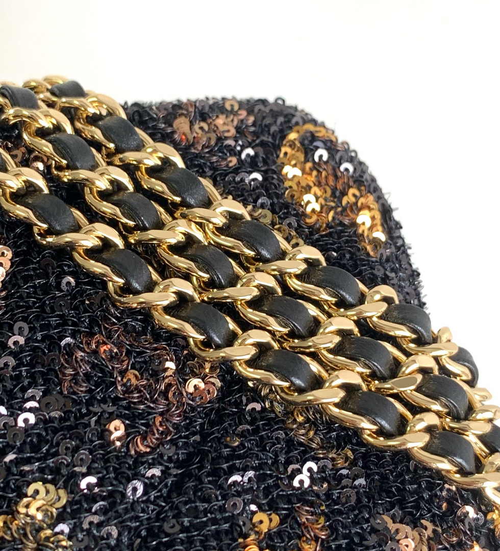 Chanel Mini Classic Handbag A69900 Black Sequinsl Gold-Tone Metal