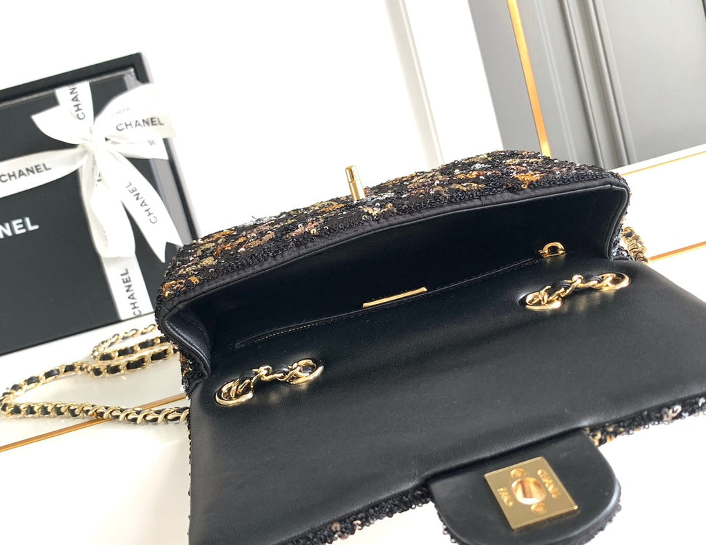 Chanel Mini Classic Handbag A69900 Black Sequinsl Gold-Tone Metal