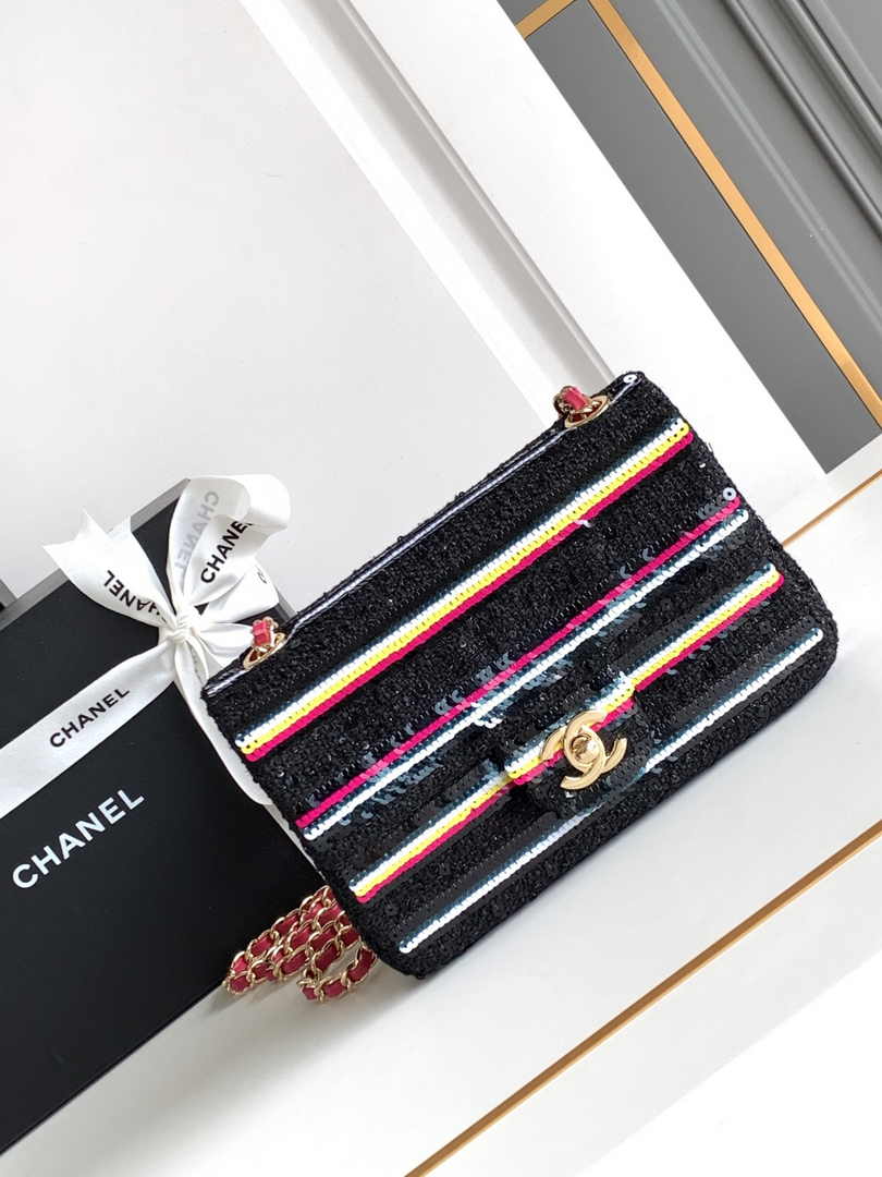 Chanel Mini Flap Bag A69900 Black Sequinsl Gold-Tone Metal