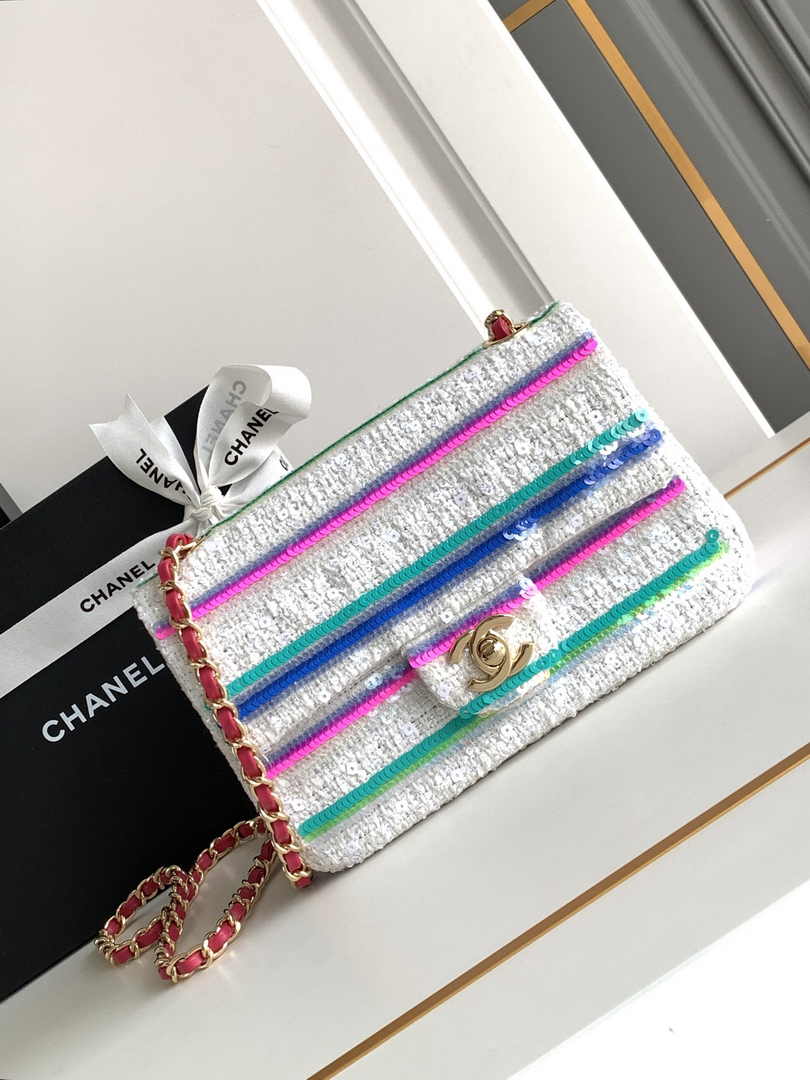 Chanel Mini Flap Bag A69900 White Sequinsl Gold-Tone Metal