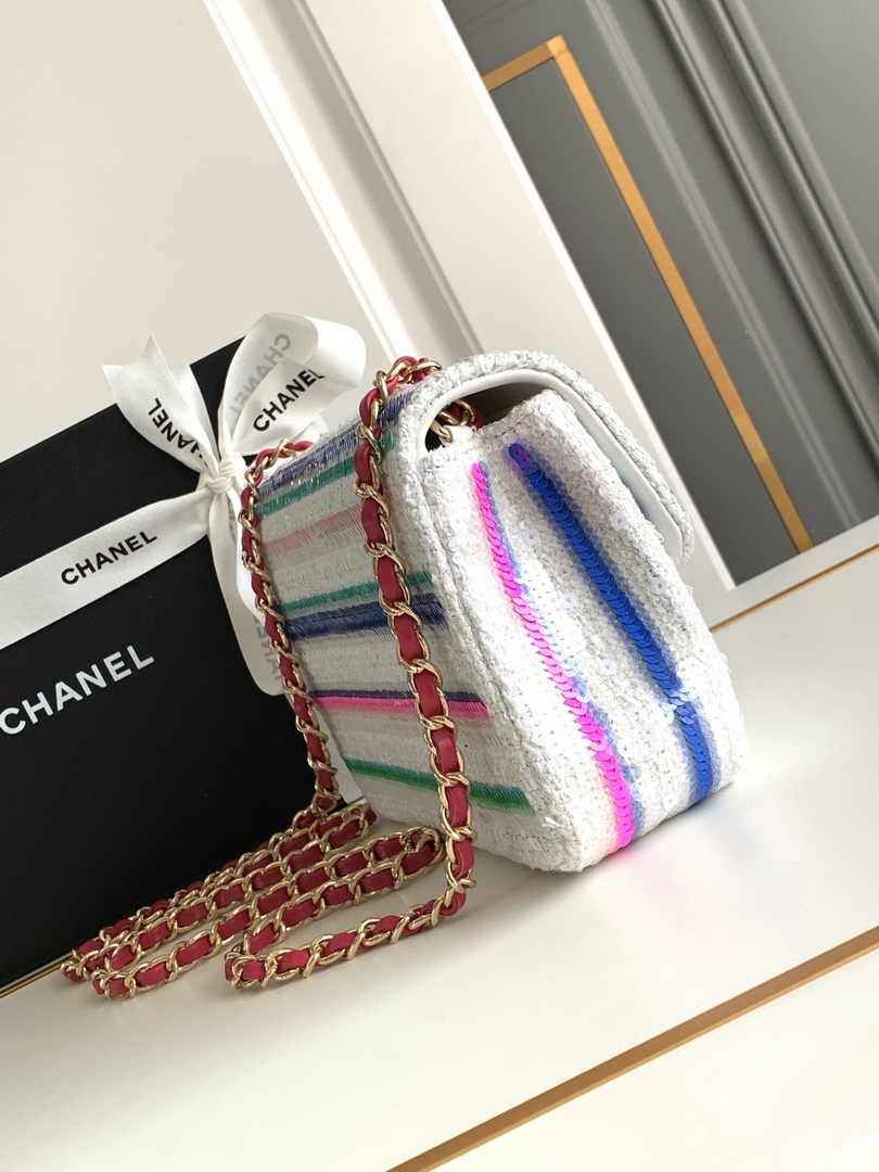 Chanel Mini Flap Bag A69900 White Sequinsl Gold-Tone Metal