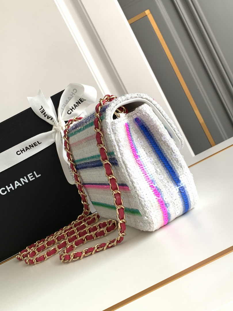 Chanel Mini Flap Bag A69900 White Sequinsl Gold-Tone Metal