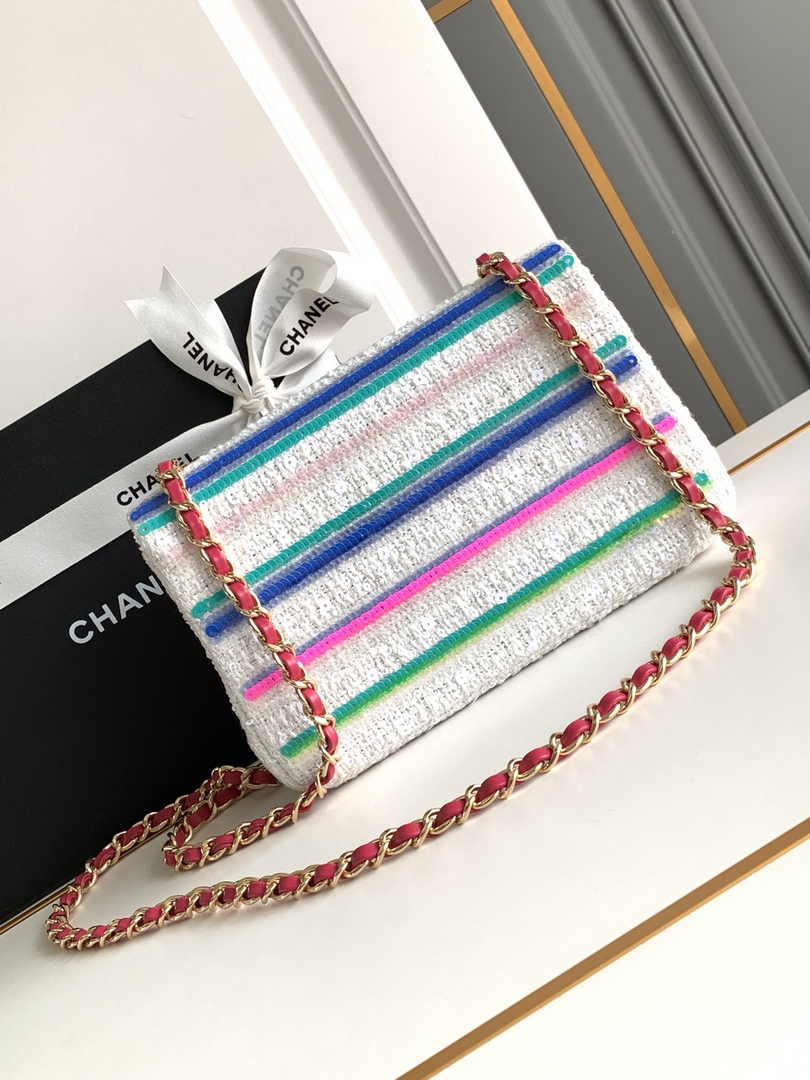 Chanel Mini Flap Bag A69900 White Sequinsl Gold-Tone Metal